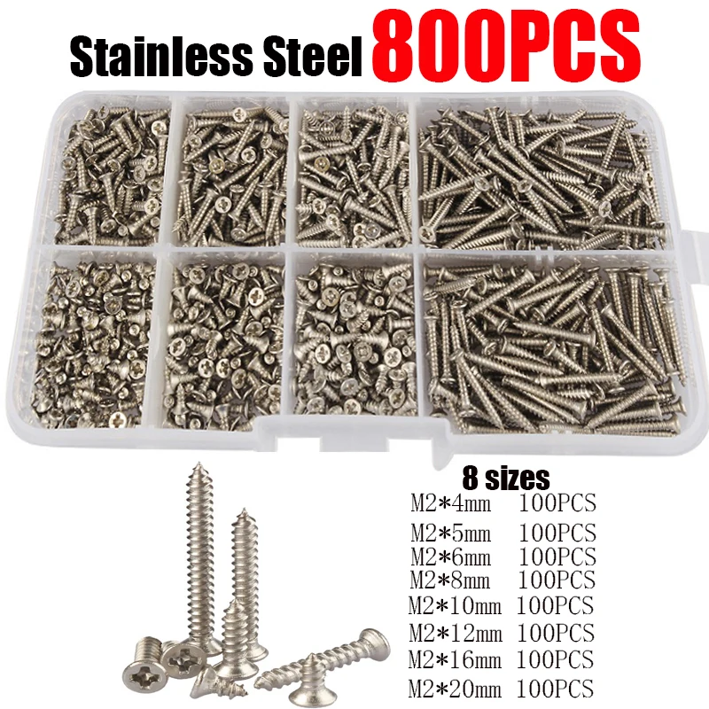 

800pcs M2 304 Stainless Steel Ultrathin Cross Phillips Ultra Thin Low Flat Countersunk Head Self Tapping Wood Screw