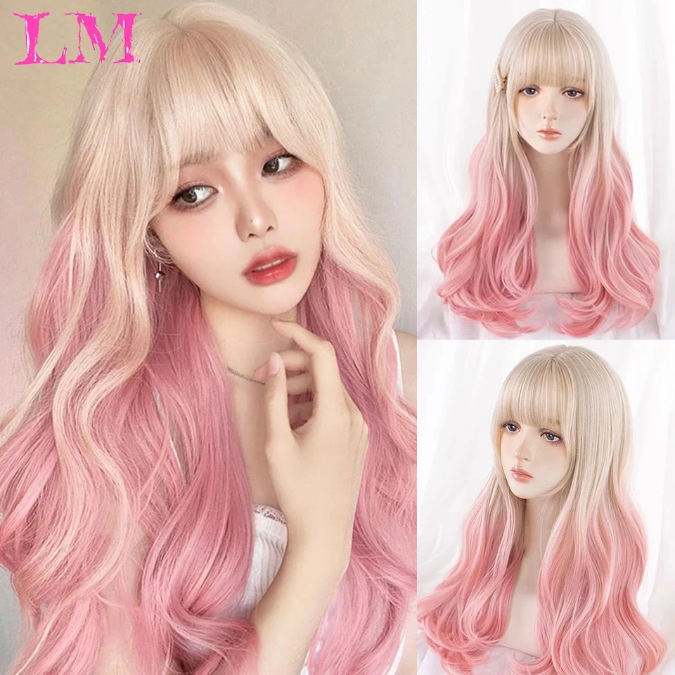 LM Lange Körperwelle Ombre Goldene Rosa Cosplay Perücken Hitzebeständige Synthetische Perücken Mit Pony Natürliche Lolita Perücken Für Frauen – Detail 1