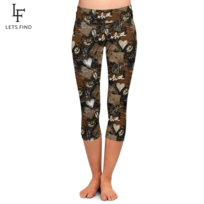 LETSFIND Fashion New Coffee and Heart  Printing Soft Women Capri Leggings High Waist Fitness Slim Mid-Calf Leggings