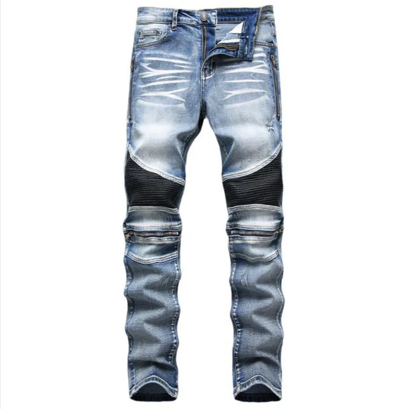 

New Fashion 2022 Mens Biker Jeans Slim Straight Zipper Autumn Men Desiger Washed Denim Pants Pleated Motorcycle Jeans Trousers