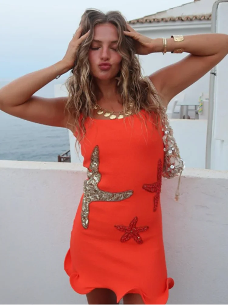 Chic Sparkling Star Print Ruffle Women Mini Dresses Elegant Sleeveless Backless Pleated Knit Prom Dresses 2025 Female Party Robe 4