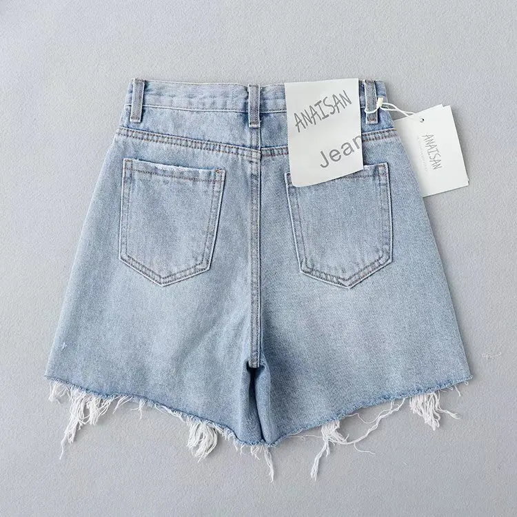 Dave&Di Ins Blogger High Street American Retro Solid Color Washed Whiskered Fashion Shorts with Holes Mom Denim Bermuda