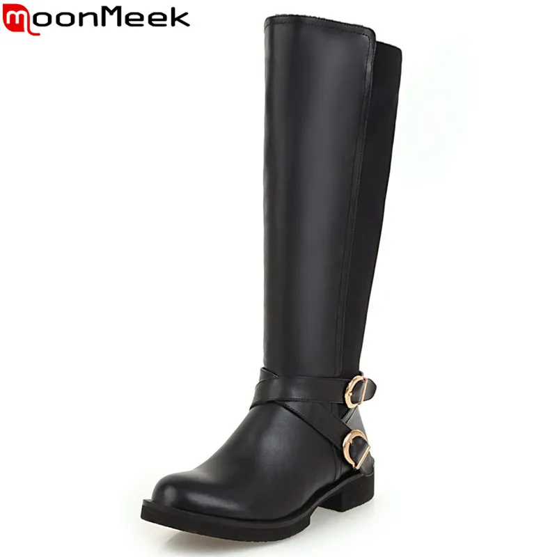 

MoonMeek 2023 Size 33-46 New Buckle Round Toe Pu Winter Boots Zipper Knee High Boots Square Med Heels Platform Boots