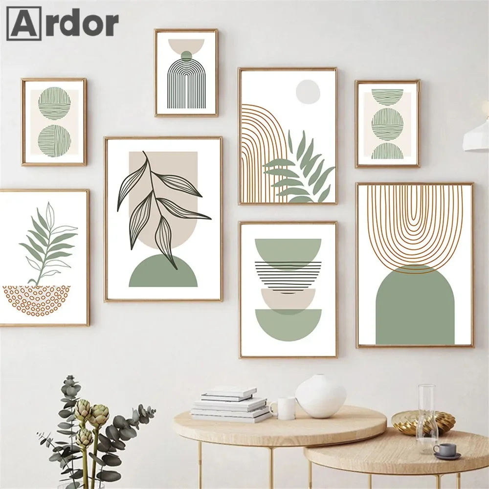 Boho Green Abstract Posters Geometry Line Wall Art Canvas Painting Plant Leaf Print Pictures Modern Wall Poster Home Decoration