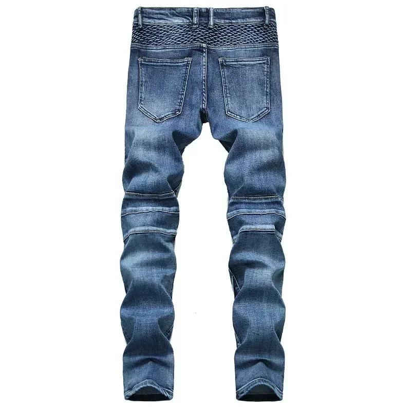 Men's New Casual Motorcycle Jeans Hip Hop Street Riding Stretch Slim Fit Straight Pants Patchwork Fashion Denim Trousers Male 6