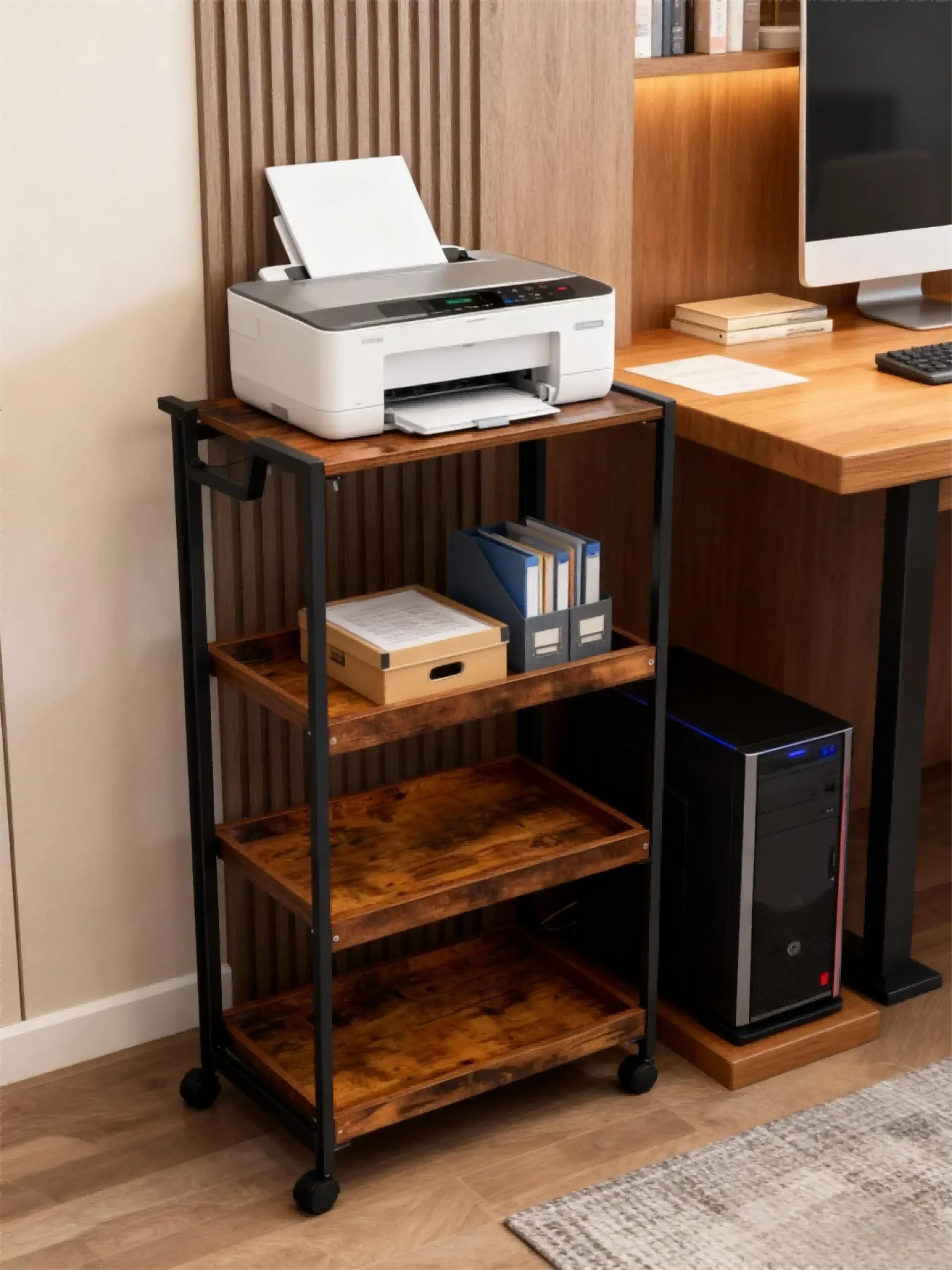 4-stöckiger schlanker Aufbewahrungswagen, faltbarer Rollorganizer mit Holzregalen, mobiles Aufbewahrungsregal für Küche, Bad, Waschküche – Detail 9