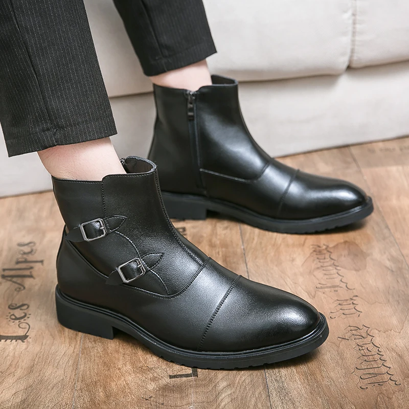 

Winter Black Chelsea Men's Boots High-quality Leather Boots Thick-soled High-top Leather Shoes Formal Business Ankle Boots Men