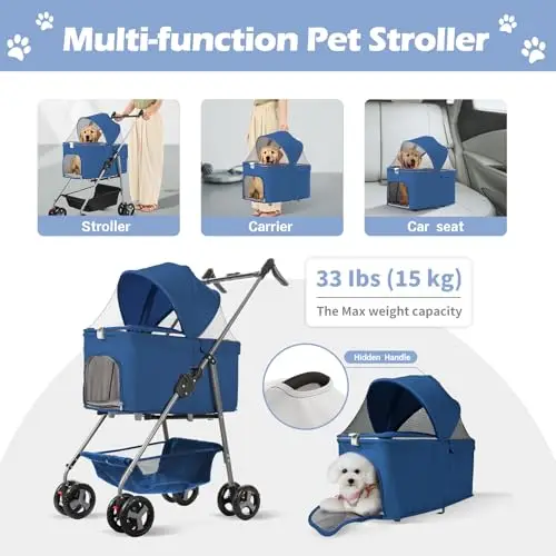 

Foldable Dog Stroller 3 in 1 Detachable Pet Stroller, Lightweight Cat Stroller with Removable Travel Carriage