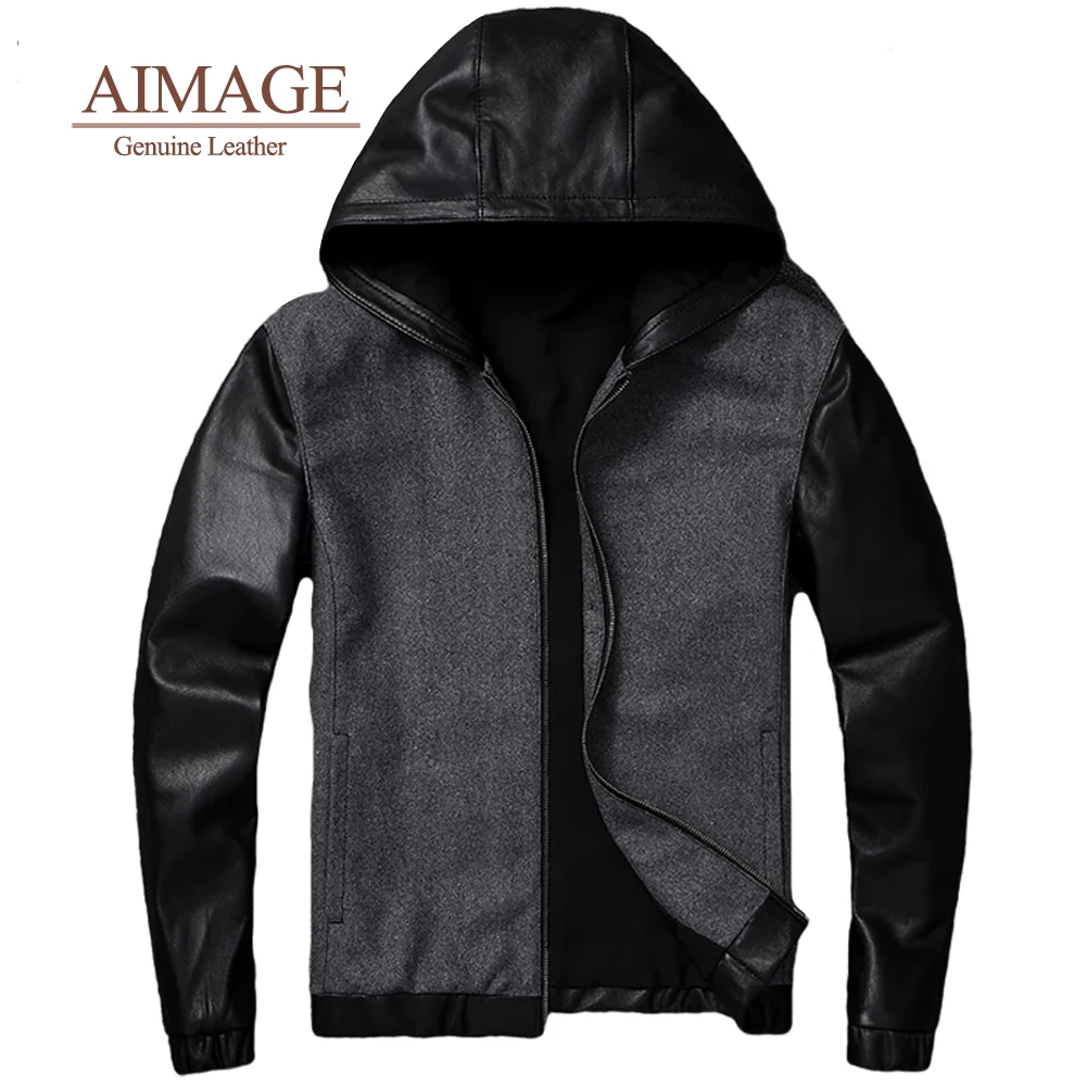 

men 100% real sheep skin leather Jacket men's simple hooded Genuine jacket Patchwork wool coat Baseball uniform PY127