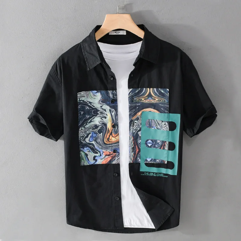 

Abstract Personality Fashion Print Casual Shirt Men's 2023 Summer New Color Contrast Loose Short Sleeve Shirt Coat