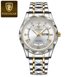 POEDAGAR Luxury Stainless Steel Men's Quartz Wristwatch - Waterproof & Luminous (Gold White)