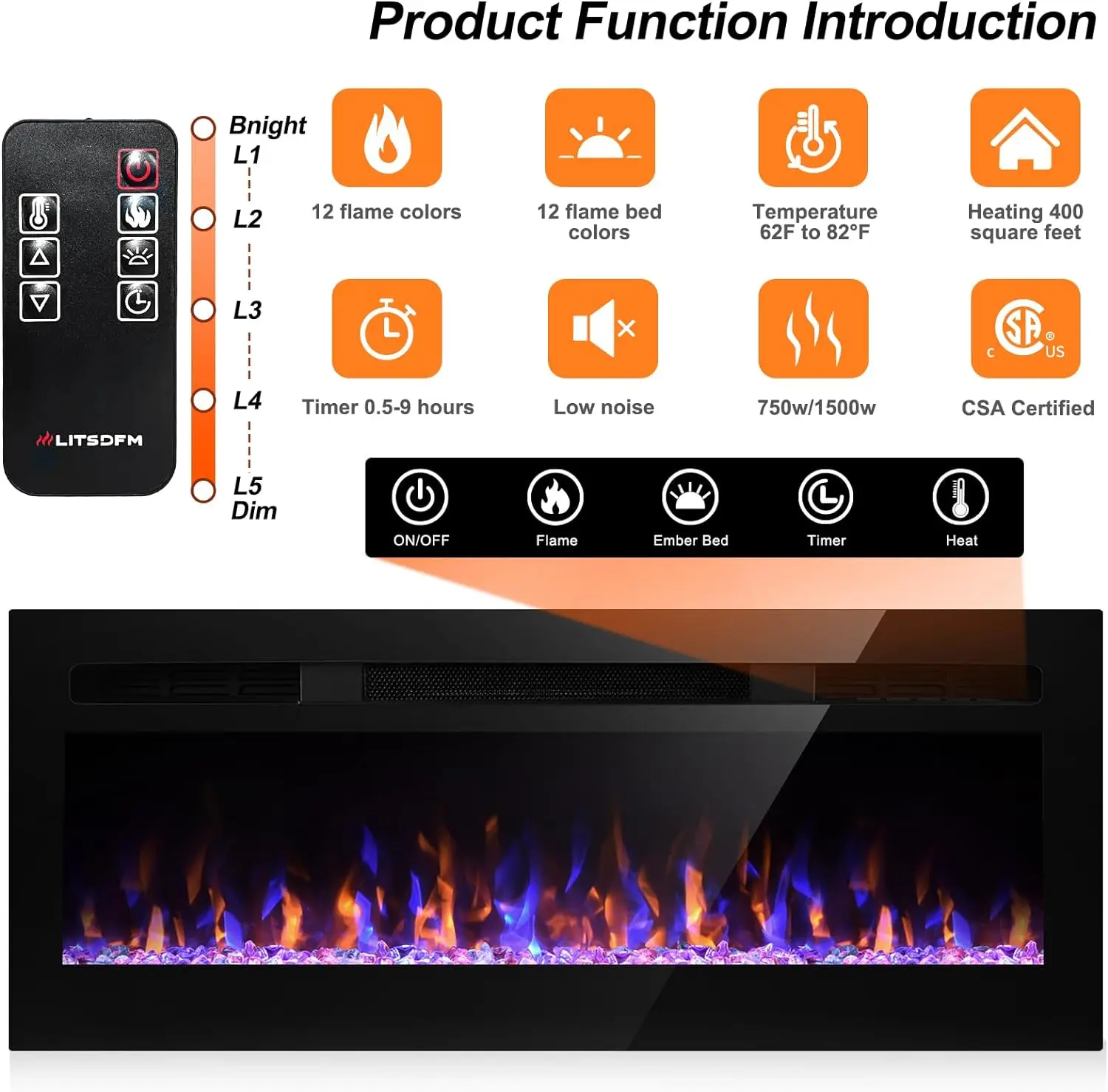 1500W Electric Fireplaces for Living Room Wood Decorative 3d Flame Indoor Recessed Wall Mounted Home Heater With Remote Control