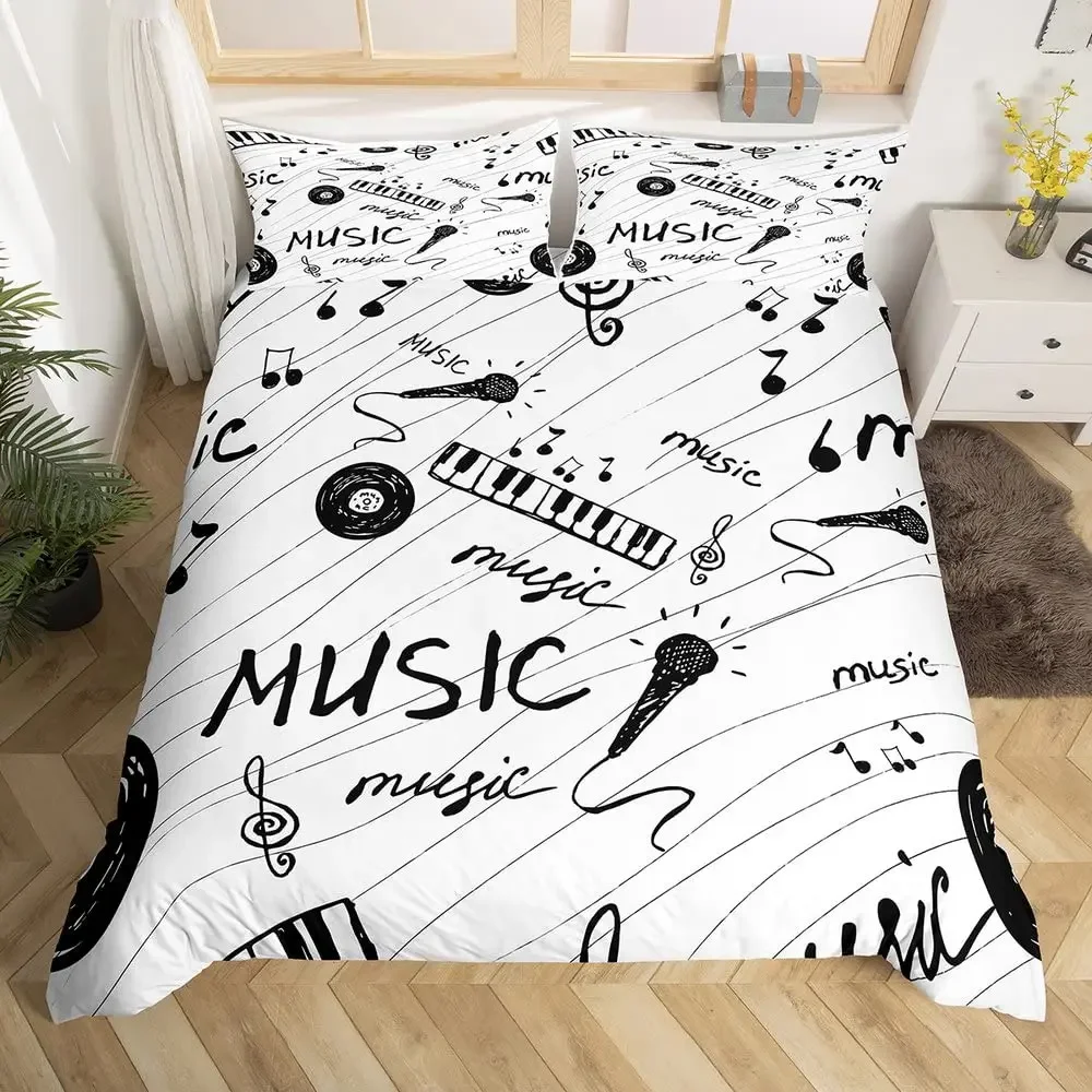 Music Themed Bedding Set Black and White Music Note Comforter Cover for Boys Girls Kids Musical Pattern Duvet Cover