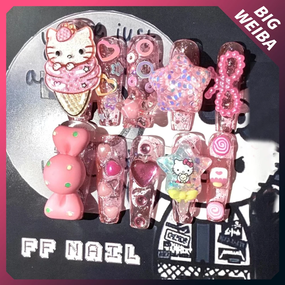 

Kawaii Pink Hello Kitty Candy Nail Slice Long Coffin Hot Girl Party Jewelry Handmade False Nail Sticker Girl Gift Accessories