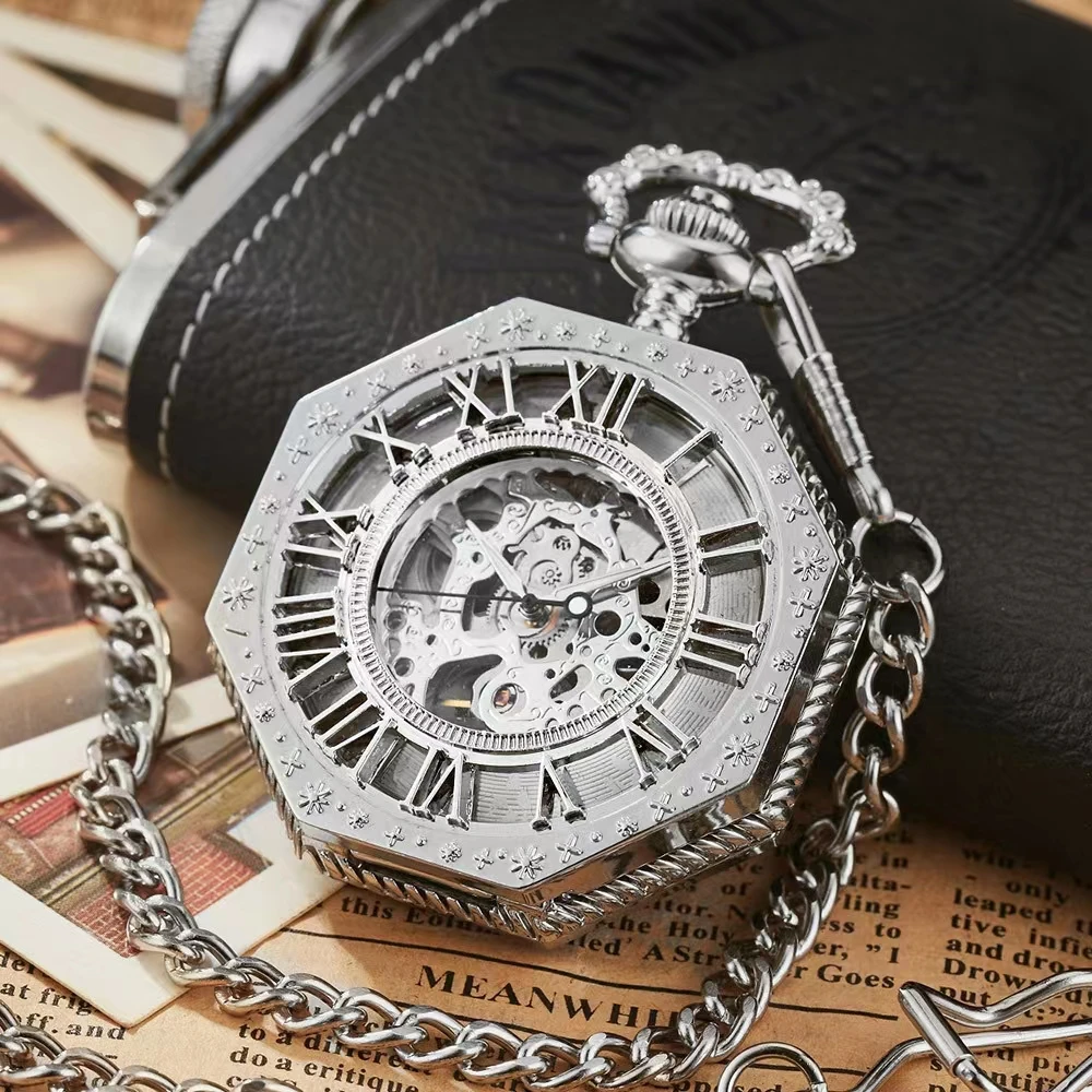 Skeleton engraved octagonal mechanical pocket watch with vintage Roman blue numerals