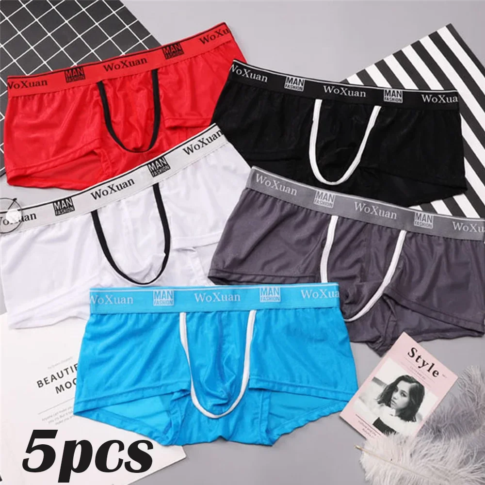5pcs Men Ice Silk Boxershorts Underwear Male Solid Color Transparent Underpants Boxers Homme Boxershort Sexy Bugle Pouch Panties