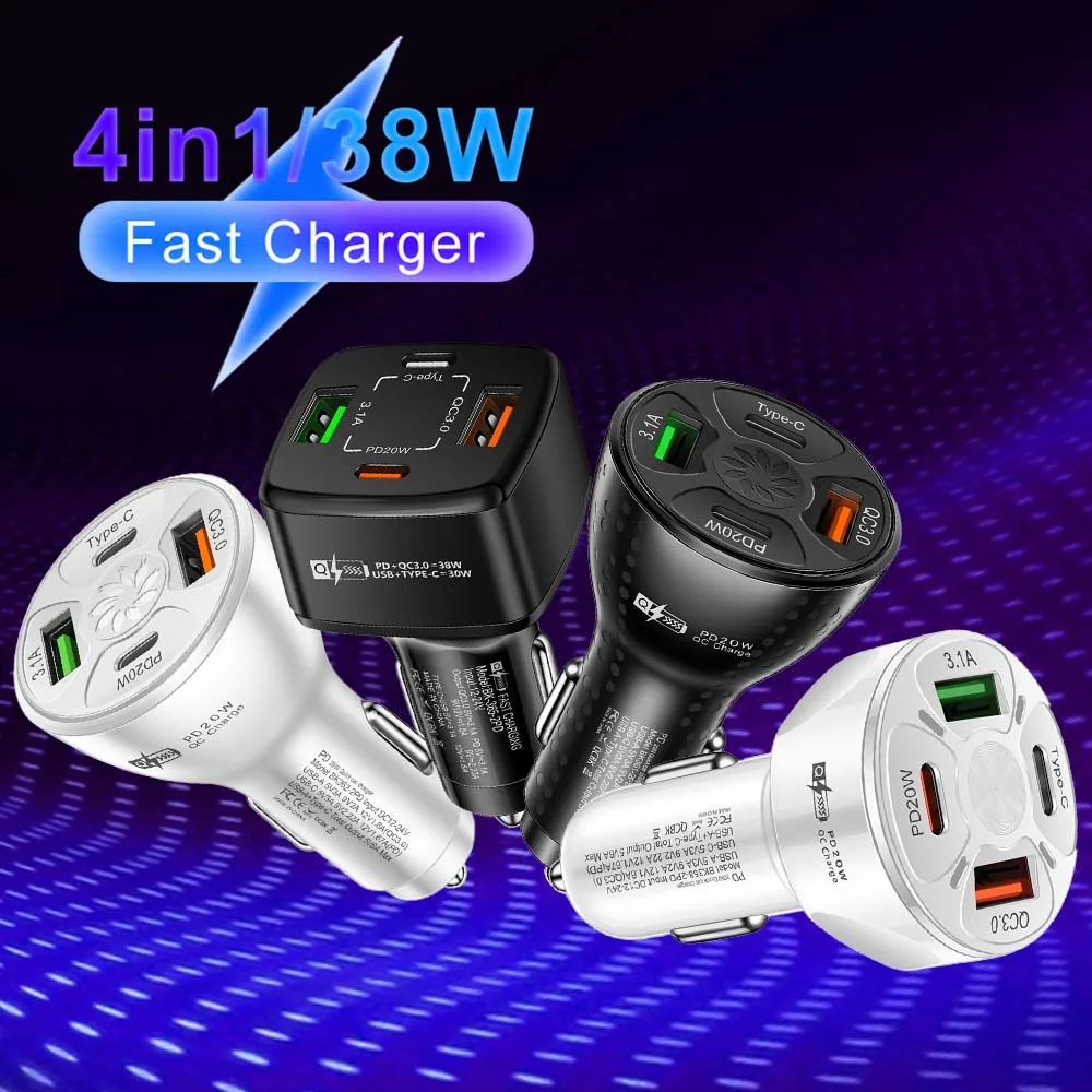 38W USB Car Charger Fast Charging 4 Ports PD Type C Car Phone Charger Adapter For iPhone Xiaomi Samsung Quick Charger In Car