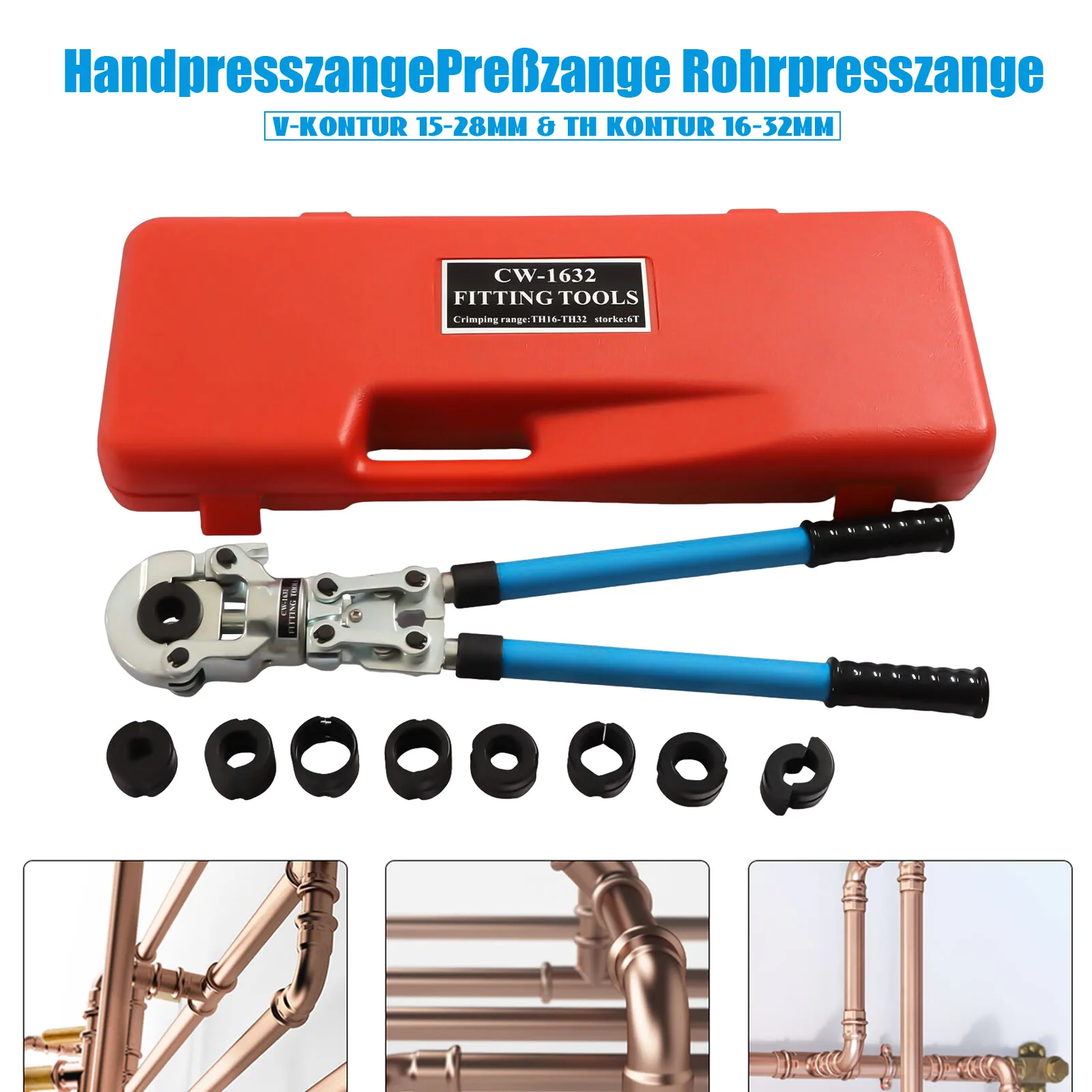 9-teiliges Rohrpresswerkzeug-Set mit Ausziehbarem Griff 360° ° Drehbarer Kopf, abnehmbare Kiefer für Kupfer- und PEX-Rohre