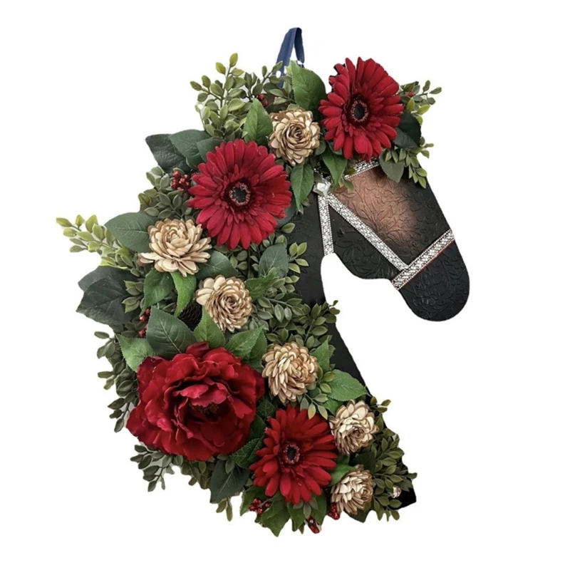 

X6HD Christmas Wreath for Front Door Ornament Holiday Wreath with Creative Horse Head Designing for Farm House Decoration