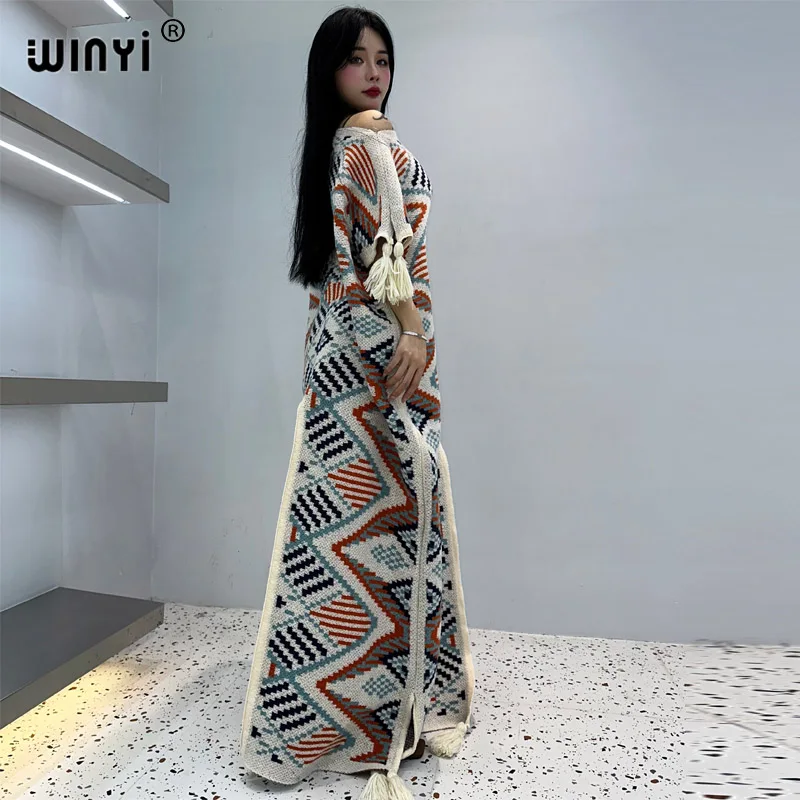 WINYI Новое удобное теплое модное платье с геометрическим принтом, элегантное платье для отдыха в африканском стиле бохо, зимний кафтан для женщин, длинное платье
