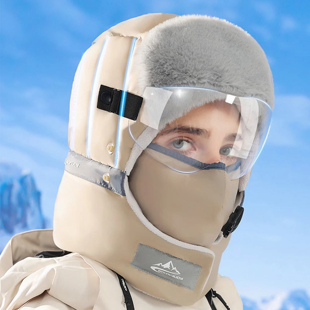 Ski Hat Windproof Winter Skiing Cap with Goggles and Face Mask Ear Protection Hat for Skiing Climbing Cycling