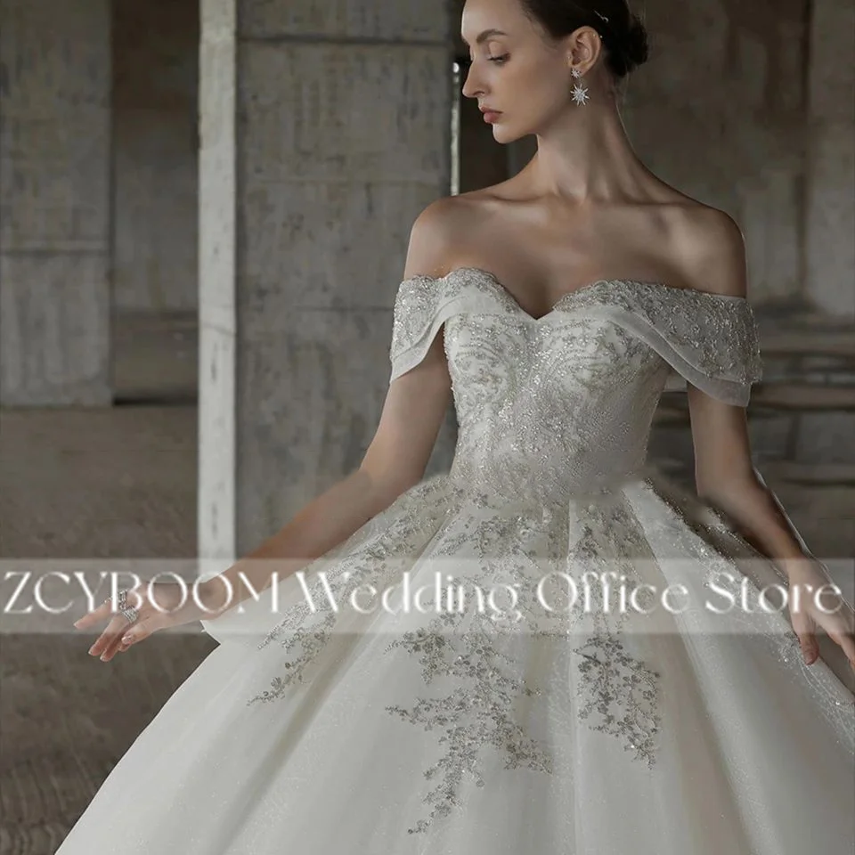 Luxuriöses Elfenbeinfarbenes Schulterfreies Ballkleid Hochzeitskleider 2026 Sweetheart-Ausschnitt Spitzenapplikationen Glänzende Pailletten Brautkleider Vestidos De Novia – Detail 6