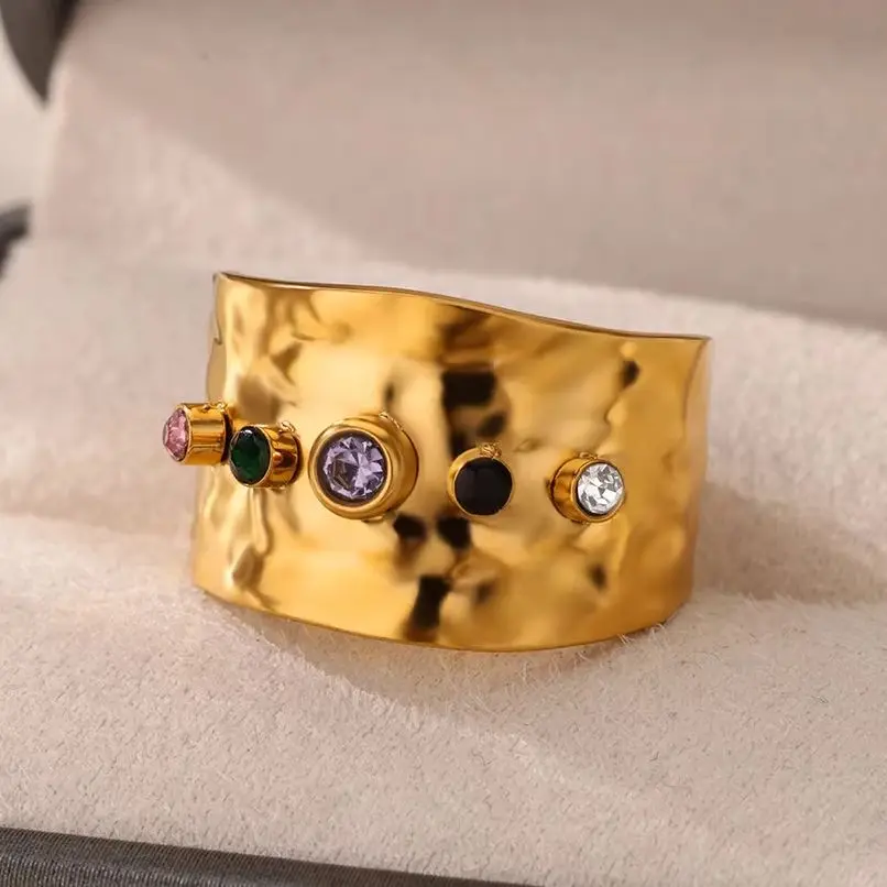 Chunky Zircon Geometric Rings For Women Gold Color Opening Stainless Steel