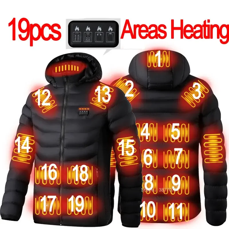 

19pcs NWE Men Winter Warm USB Heating Jackets Smart Thermostat Pure Color Hooded Heated Clothing Waterproof Warm Jackets