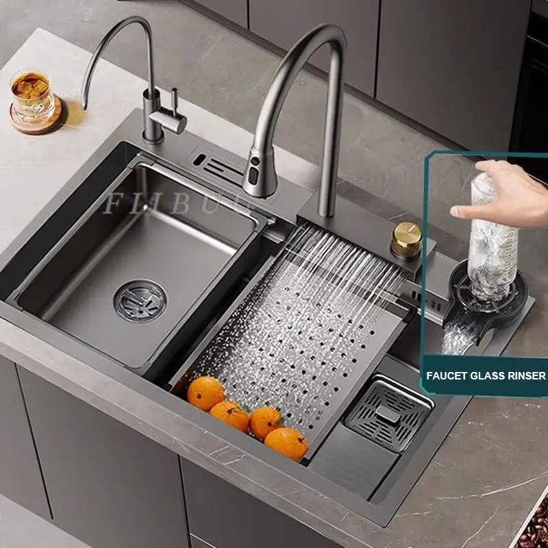 Waterfall Kitchen Sink Topmount Single Bowl Wash Basin Stainless Steel Workstation with Drain Accessories Knife Holder Faucet 2