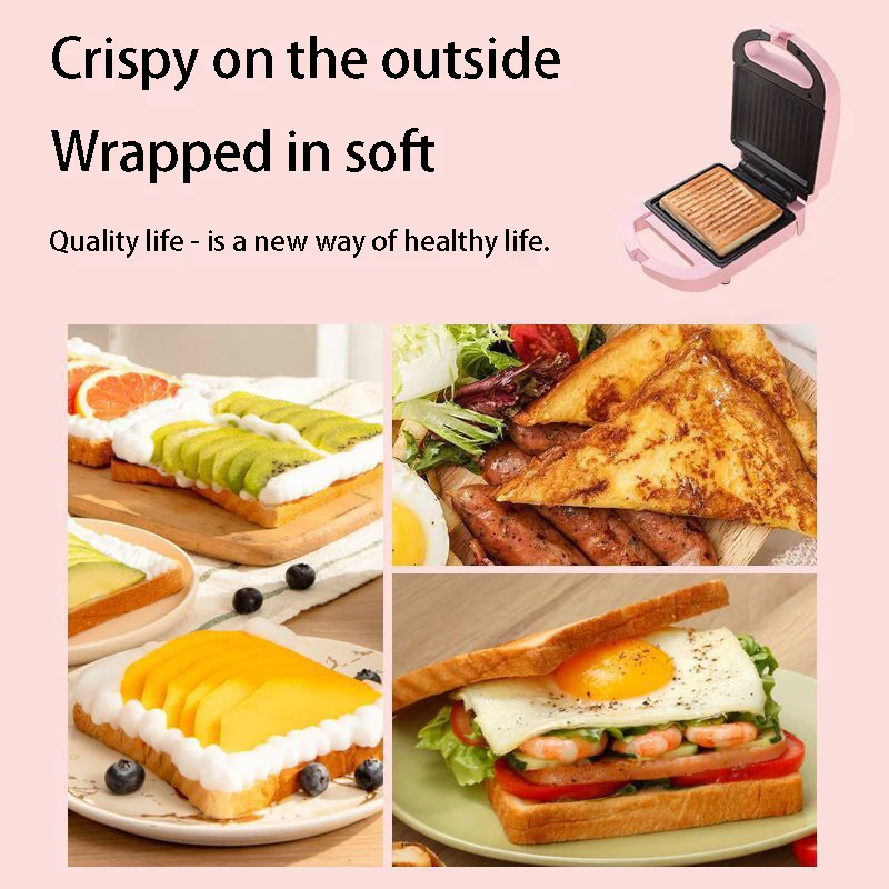 Portable Electric Sandwich Maker Home Multifunctional Machine Non-Stick Breakfast Maker Waffle Baking Pan Pot Pink Red Color 4