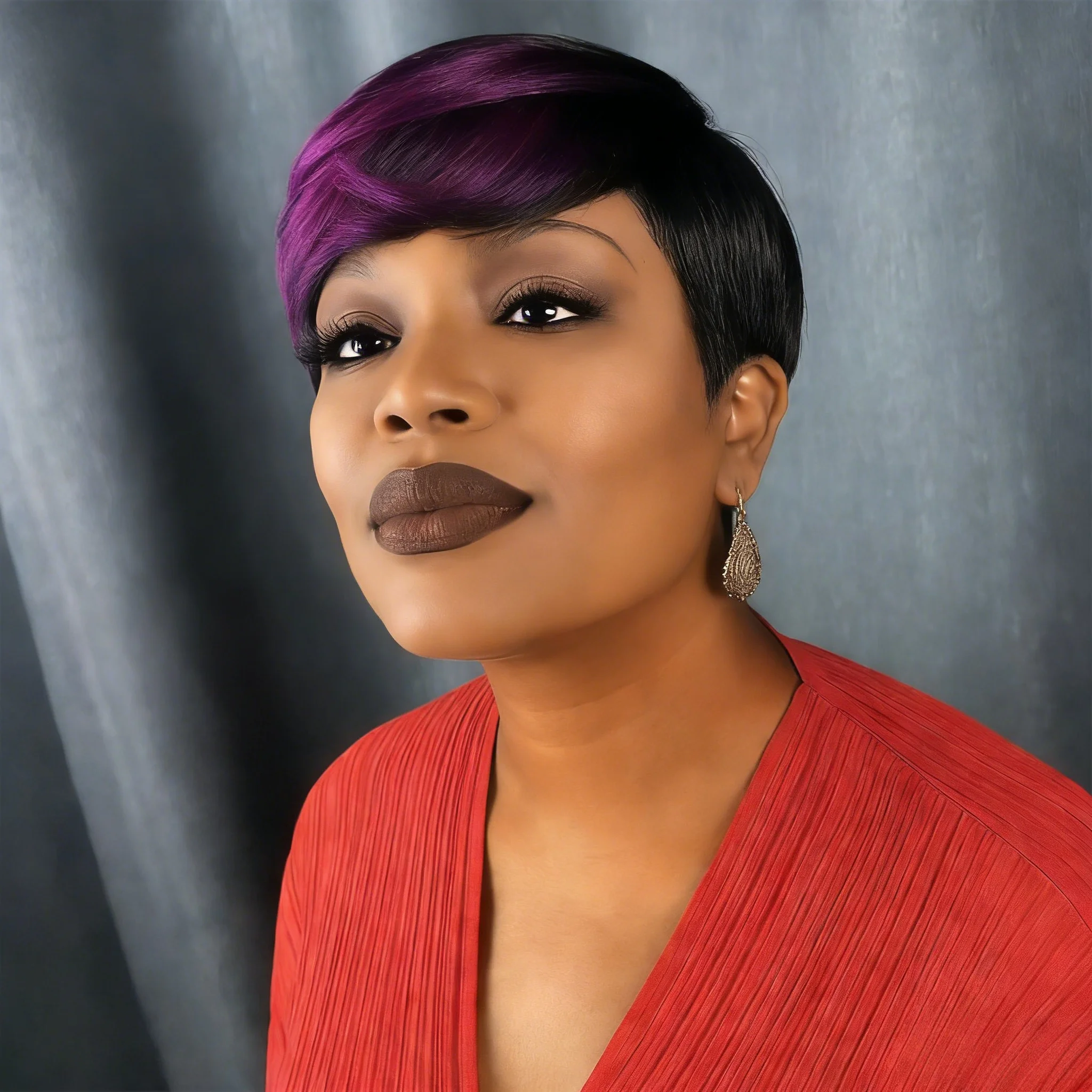 픽시컷 인모 가발 퍼플 믹스 블랙 픽시컷 스트레이트 레이어드 헤어 내추럴 룩 가발 풀 머신메이드 가발 ?