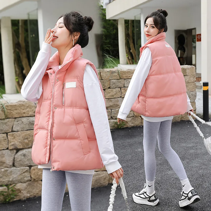 New Style Pink Autumn and Winter Temperament Commute Sleeveless Short Zipper Not Detachable Cotton Vest Women