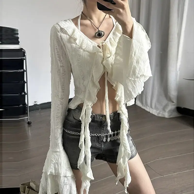 Butterfly Sleeve Tassel Long Sleeve Ruffles High Waist Crop Top Slim Shirt With Ruffled Straps Hollow Out Summer Casual Clothes
