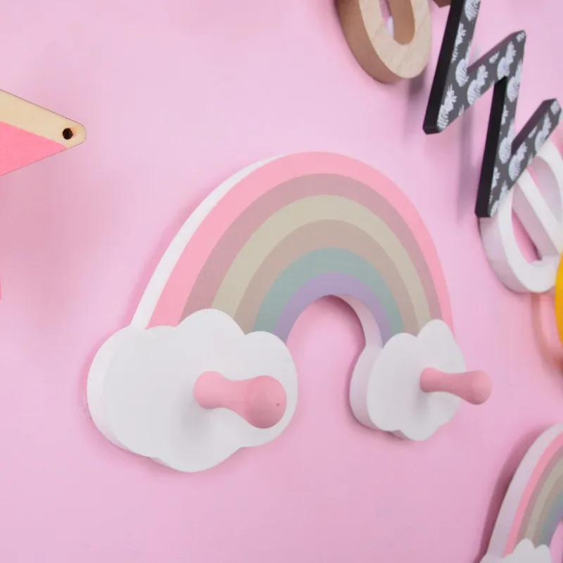 Cute Rainbow Kids Room Hook Wall Mounted Key Holder Wood Hanger Girls Bedroom Decoration Hooks Clothes Sundries Organizer Gifts 5
