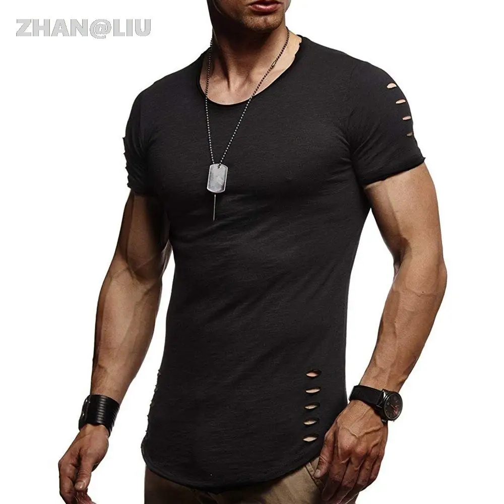 

2023 New Men Gym Fitness Cotton T-Shirt Male Fashion Print Short Sleeve Tee Shirt Broken HoleTops Summer Sport Workout Clothing