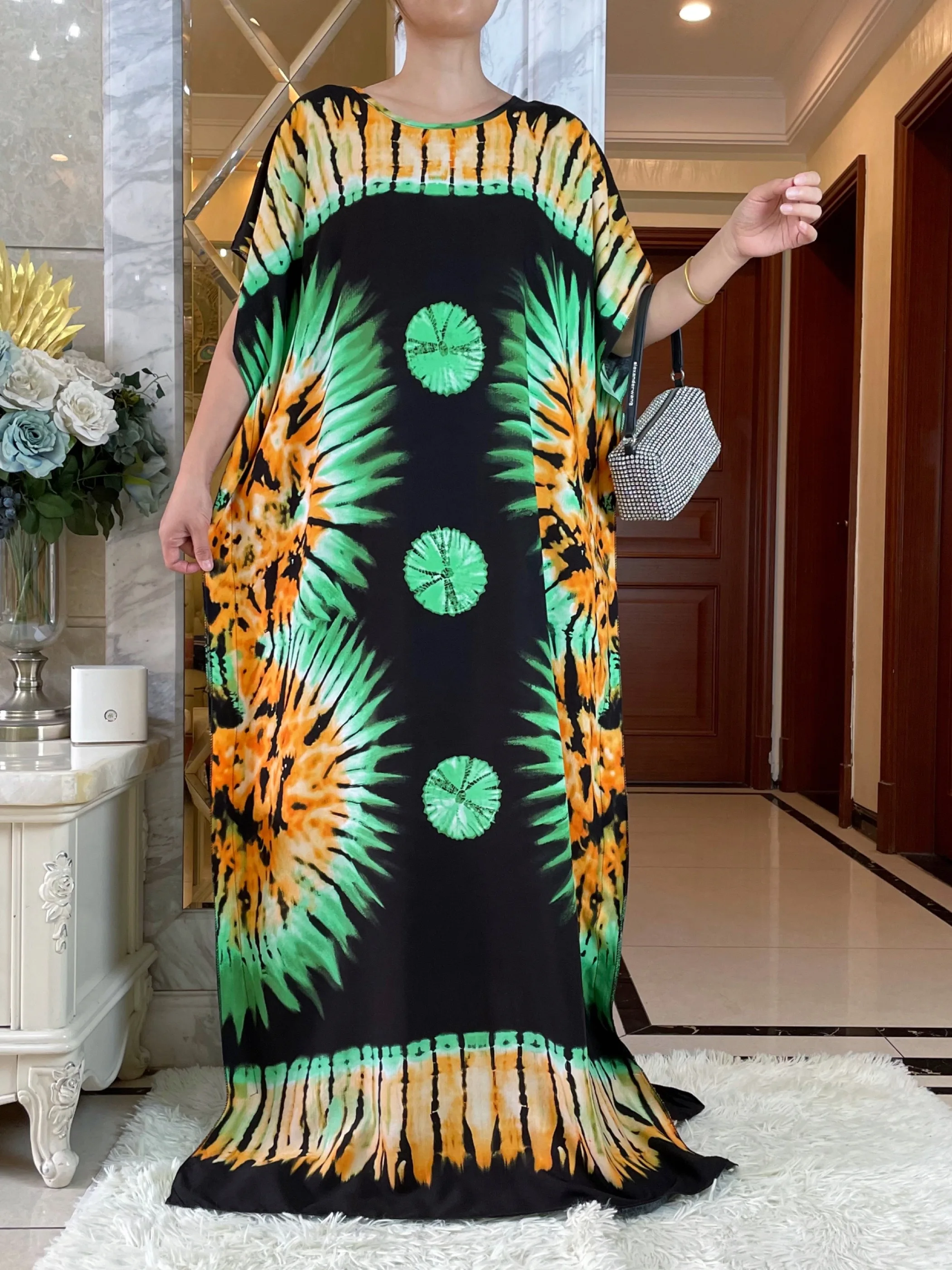 2024New African Women's Summer Short Sleeve Dashiki Cotton Floral Dress Printed Loose Caftan Abaya With Big Scarf Casual Vestido