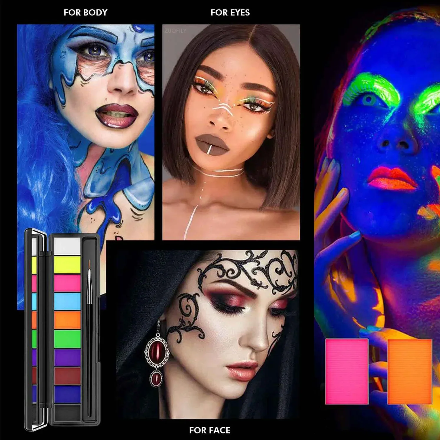 10-color Water Activation UV Painting Palette Set Face Water-based DIY Fluorescent Body Paint Camouflage Paste Eyeliner Makeup 3