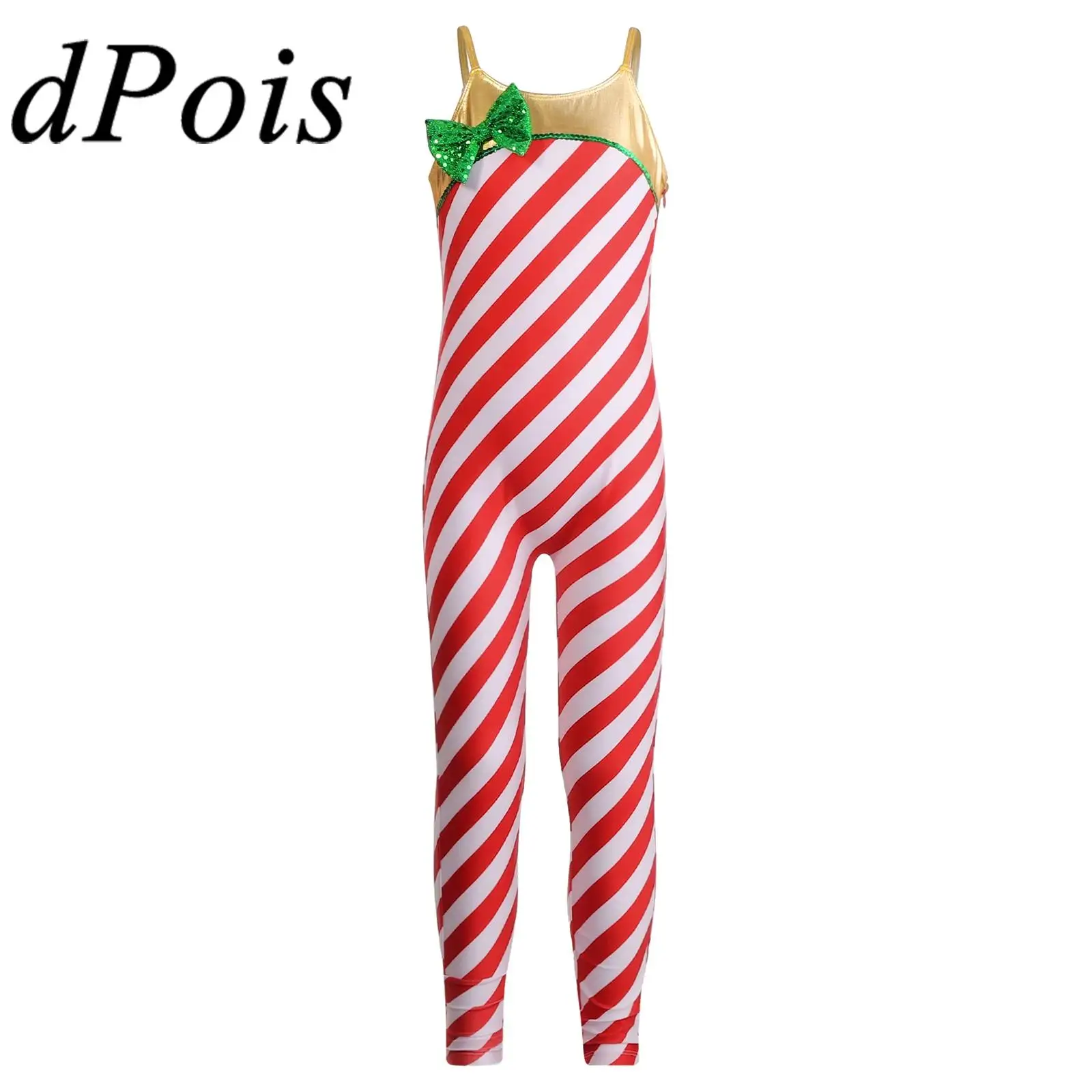 

Детский комбинезон для косплея для девочек, комбинезон конфетного цвета без рукавов, Блестящий Полосатый боди с бантом, Рождественский костюм, трико для балета и танцев