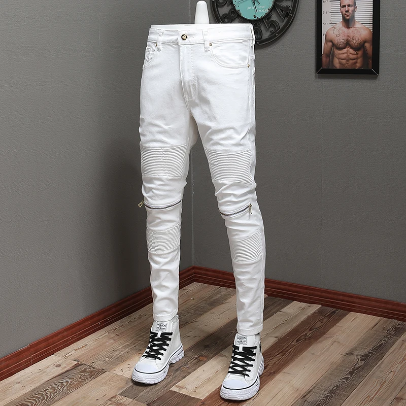 

American Street Style Fashion Men Jeans White Color Elastic Slim Fit Biker Jeans Men Spliced Designer Hip Hop Denim Punk Pants
