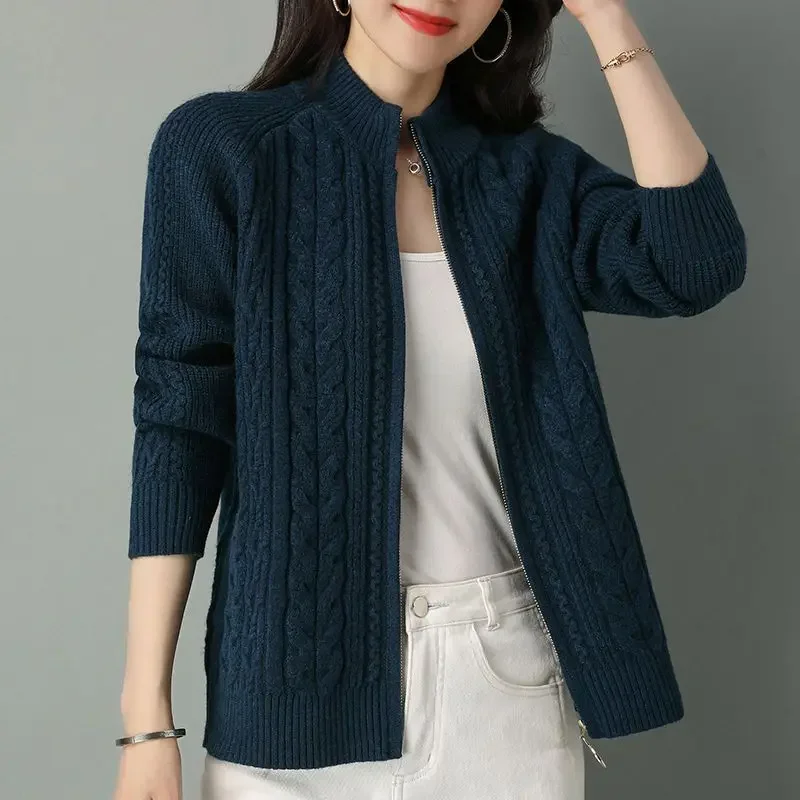 Vintage Zipper Knit Cardigan Jackets Women Autumn Winter Coat