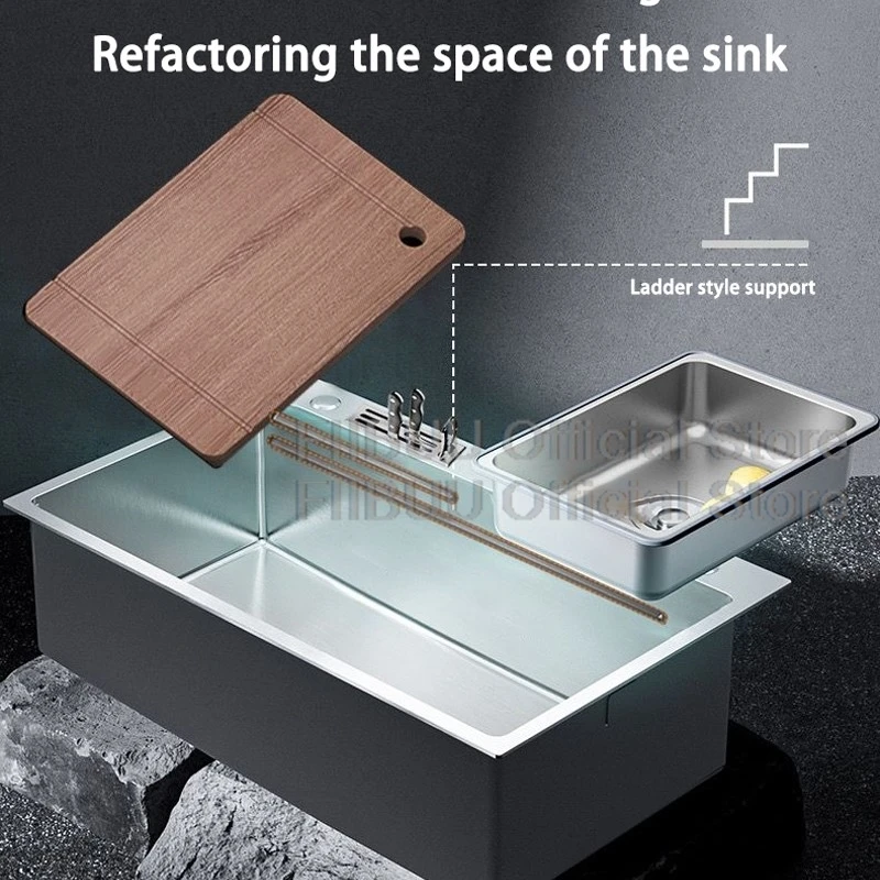 304 Stainless Steel Kitchen Sink Multifunctional Vegetable Workstation Large Capacity Single Bowl Wash/Cut/Drain One Full Set