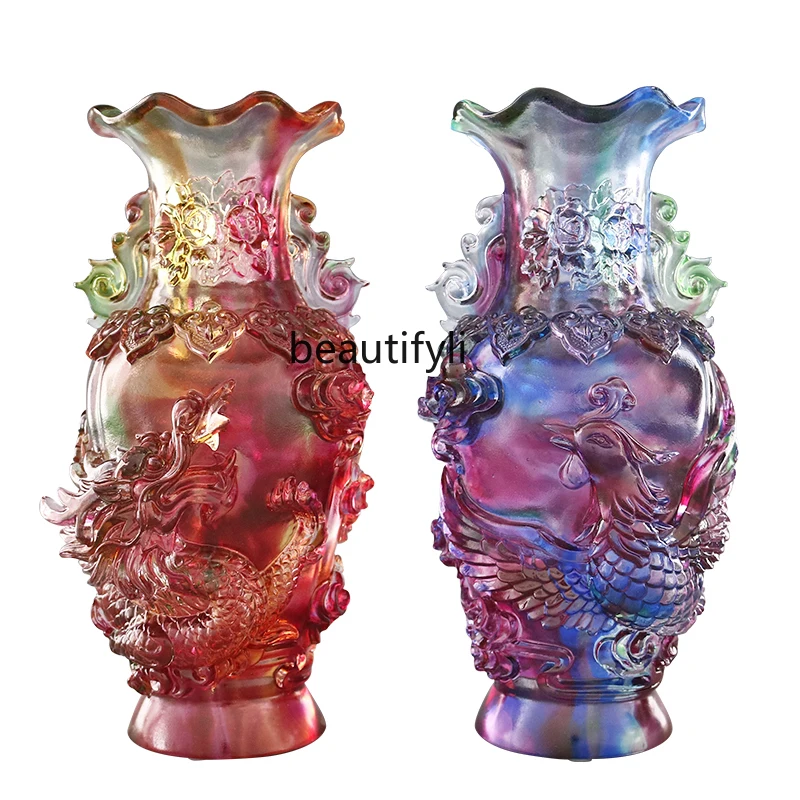 

Brought by the Dragon and the Phoenix Glass Vase Decoration Crafts Living Room Home Wine Cabinet Home Decoration Ornament