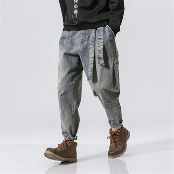 Vintage Denim Pants Men Streetwear Harajuku Jeans Belt Design Fashion Solid Color Jeans Elastic Waist Trousers Mens Clothes 1