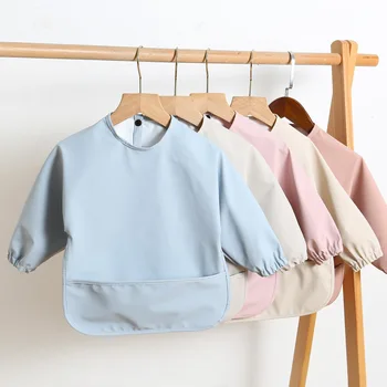 단색 아기 PU 안티 드레싱 먹는 옷 턱받이, 슈퍼 소프트 방수 아기 먼지 방지 수유 옷, 부드러운 유아 의류 상품 이미지