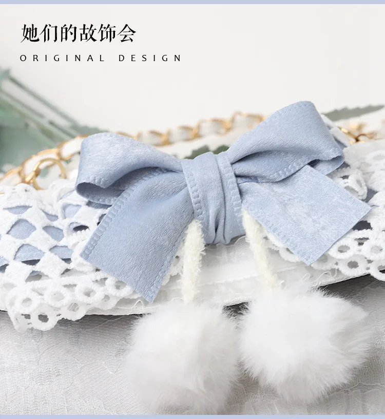 Lolita Bag Girl Cute Blue JK Portable Shoulder Bag Sweet Bowknot Fur Ball Messenger Bag for Women