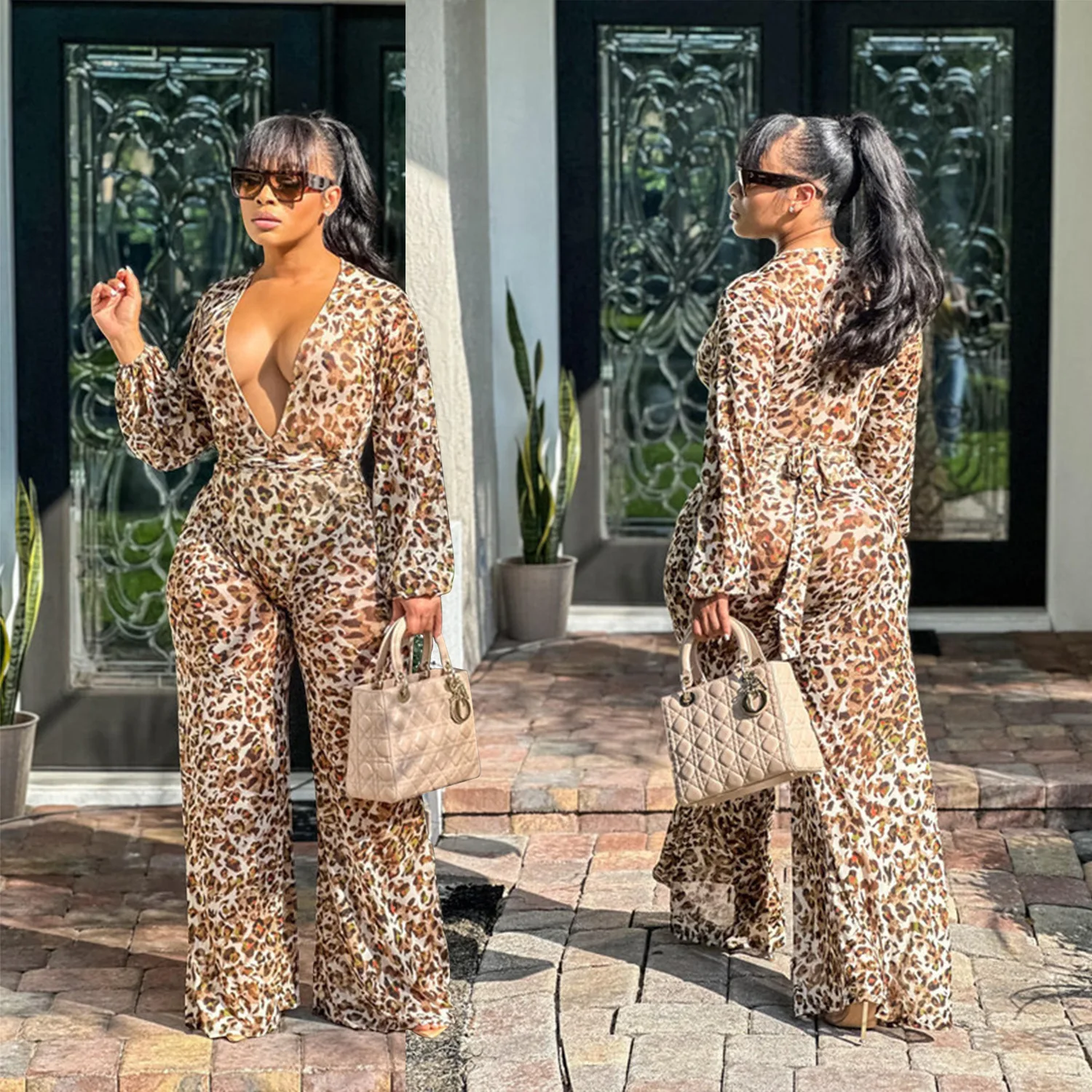 Fashion Women Leopard Deep V-neck with Sashes Long Sleeve Wide Leg Jumpsuit 2023 Mesh Sexy Party Club Romper Playsuit