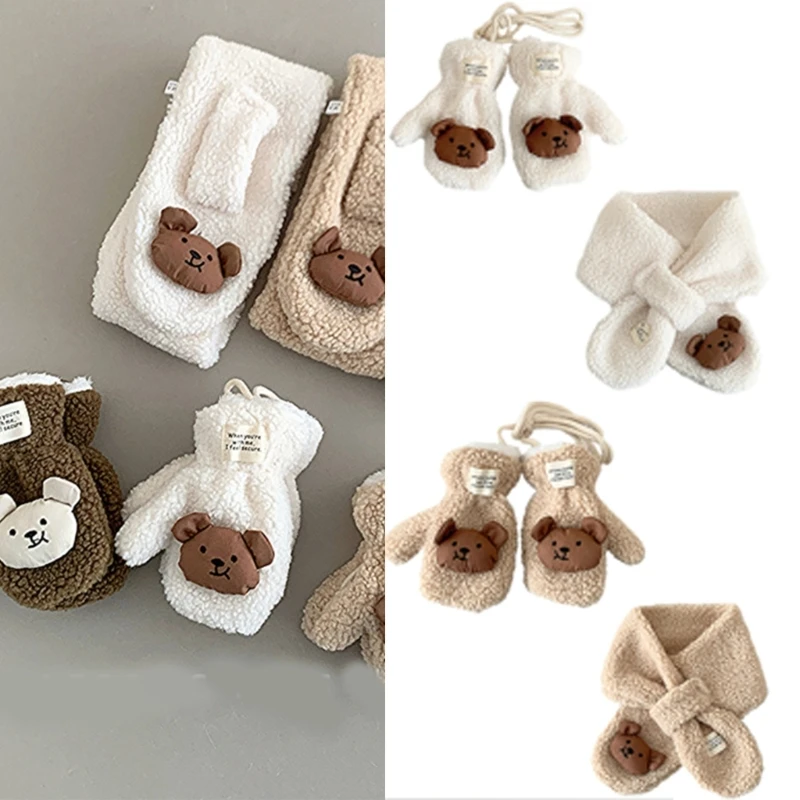 Bear Themed Scarf and Gloves Set for Boys Girls 2-6T, Breathable Long Muffler with Mittens for Outdoor Activity