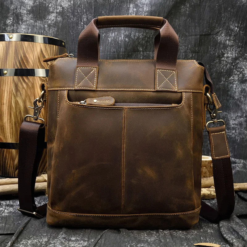 

High Fashion Crazy Horse Luxury Men Leather Handbags Men's Laptop Handbag Briefcase Shoulder Bag With Notebook Compartment