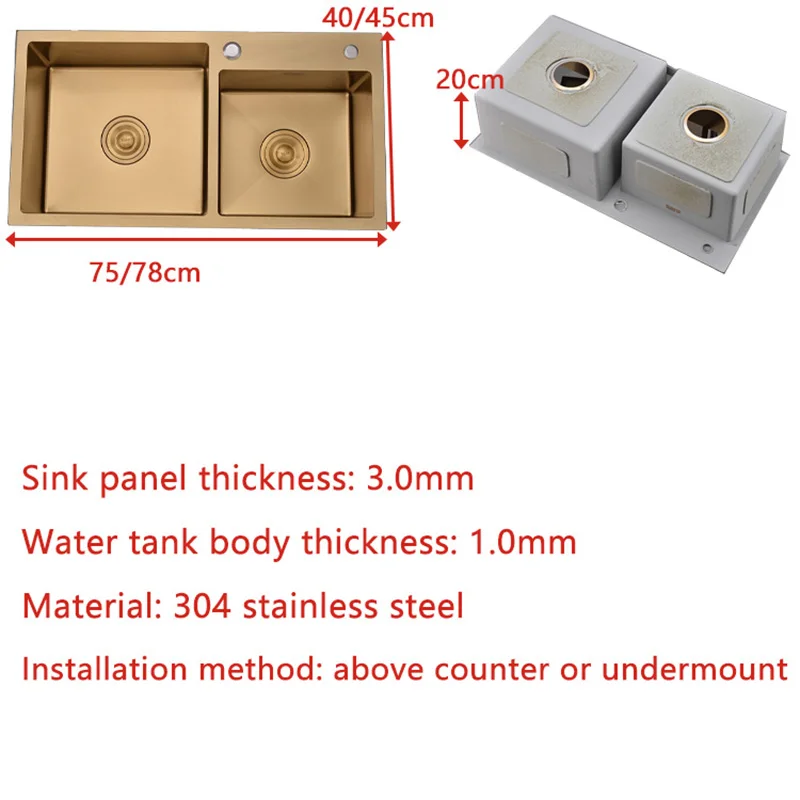 Gold Kitchen Sink kitchen accessories kitchen sink Above Counter or Undermount 304 Stainless Steel double Bowl Goldn Basket Drainer Soap Dispenser Washing Basin
