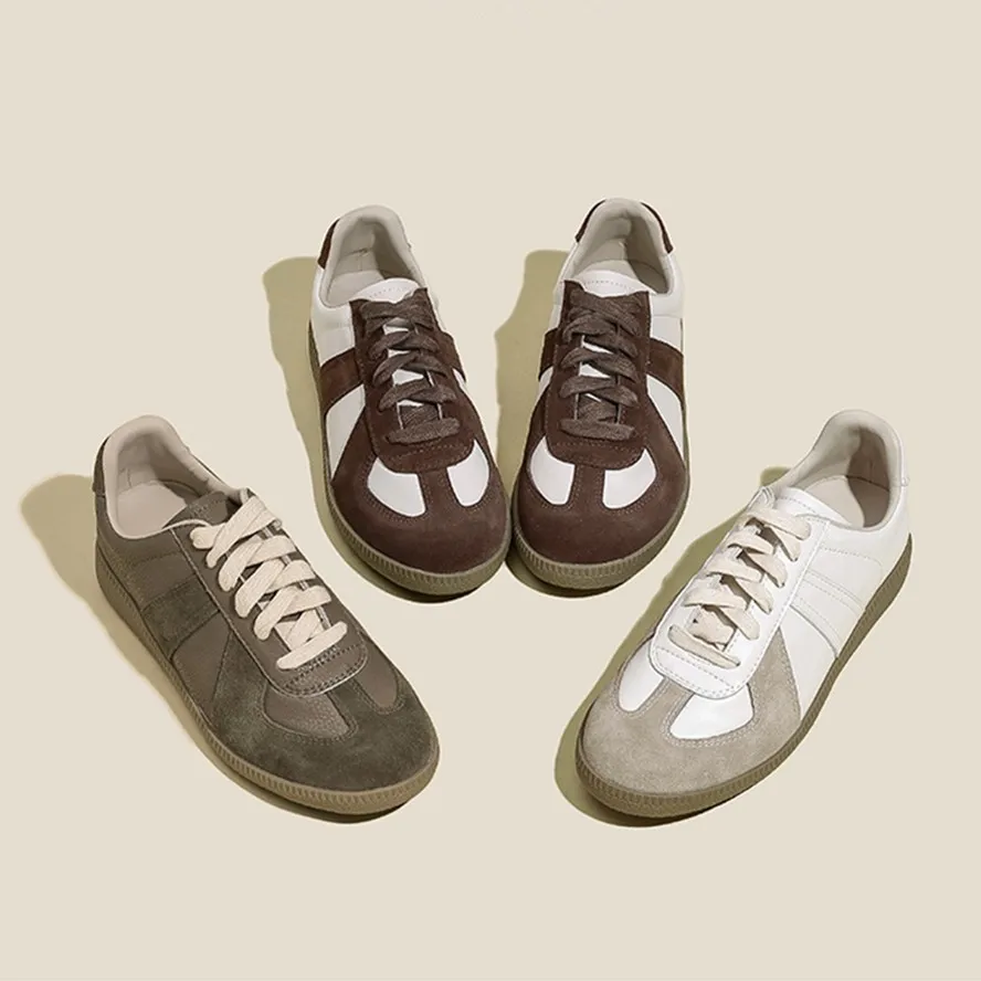 

Dave&Di Matching Color German Training Shoes Retro Round Toe Lace-Up All-Match Casual Flat-Bottomed Leather Sneakers Women